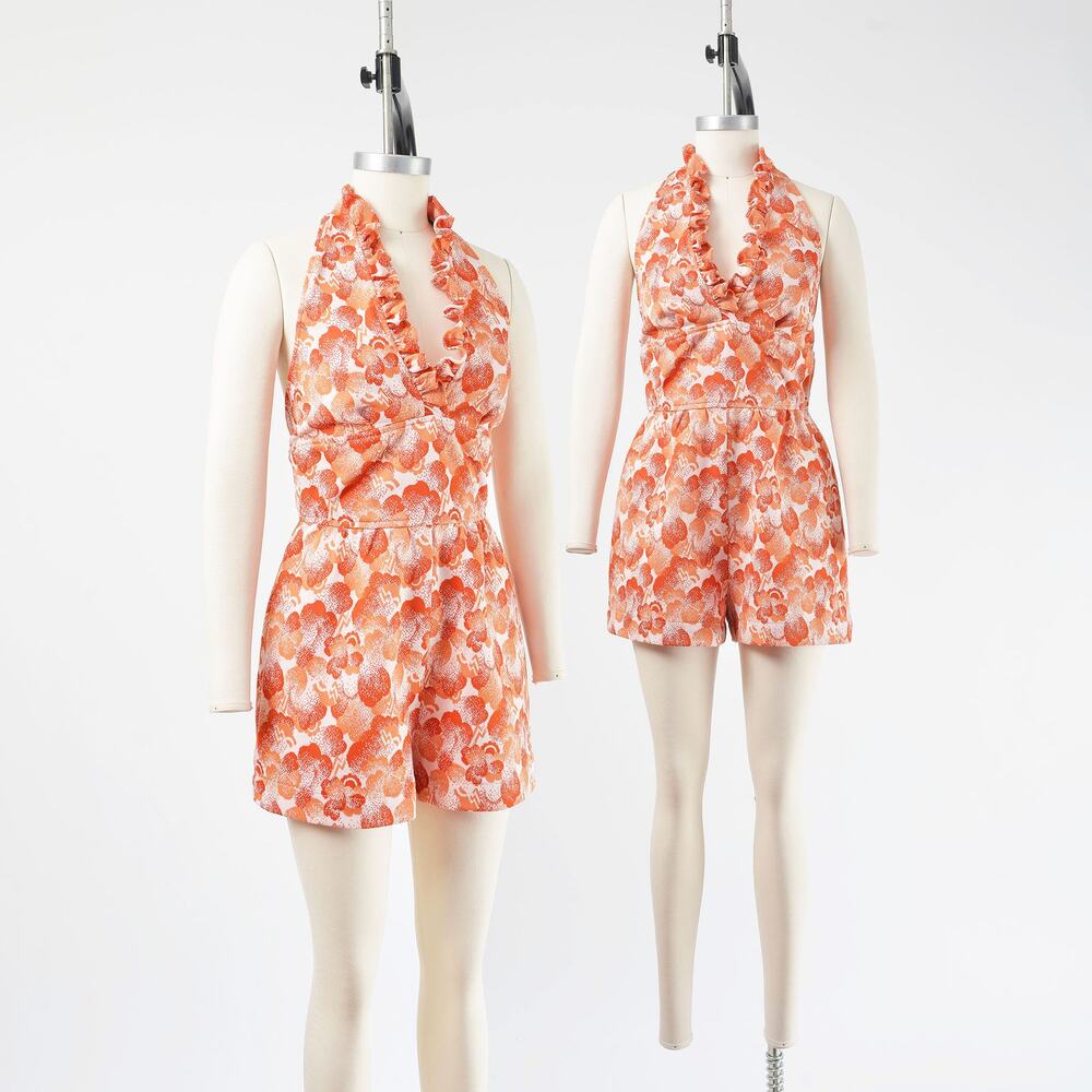 Vintage 70s Floral Halter Romper Playsuit Retro Summer Jumpsuit High Waist Small